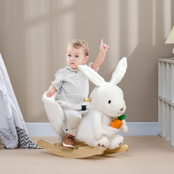 Cavallo a Dondolo per Bambini in Legno e Peluche Coniglio Bianco