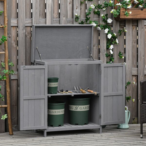 Armadietto da Giardino 2 Ante Tetto Apribile 74x43x88 cm in Legno di Abete Grigio Scuro