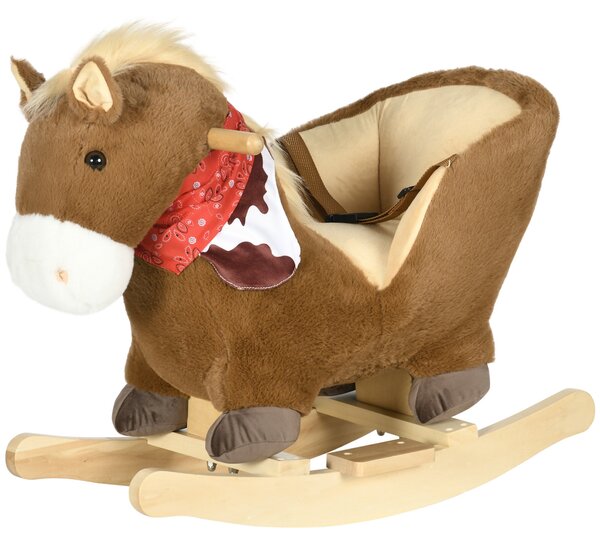 Cavallo a Dondolo per Bambini in Legno e Peluche Cavallino Marrone