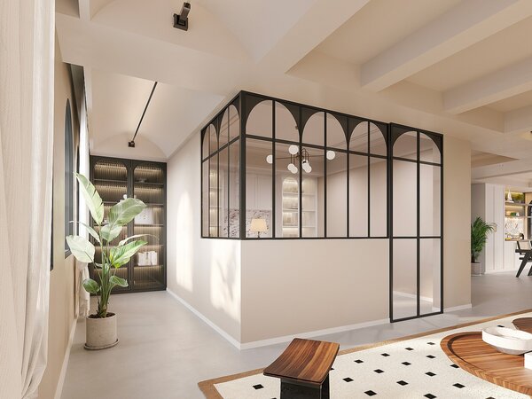 Vetrata angolare L180 x L120 x H130 in Alluminio termolaccato Nero Stile atelier art déco - ARCADEA