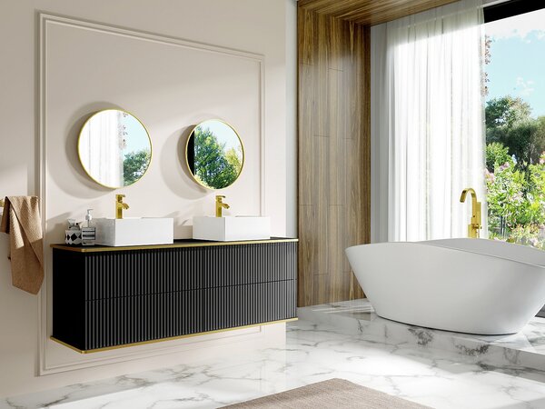 Mobile per bagno sospeso scanalature con profilo Dorato e doppio lavabo appoggio quadrato 4 cassetti 150 cm Nero - KELIZA