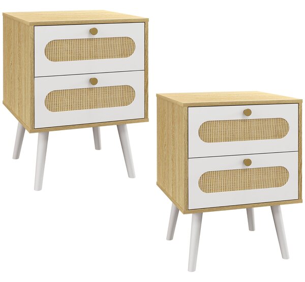 Set 2 Comodini 2 Cassetti 40x40x55 cm in Truciolato e MDF Rovere e Bianco