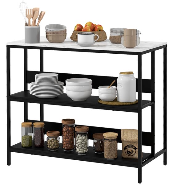Isola da Cucina con Mensole, Piano Effetto Marmo 100x50x90 cm Struttura in Metallo Nero e Bianco