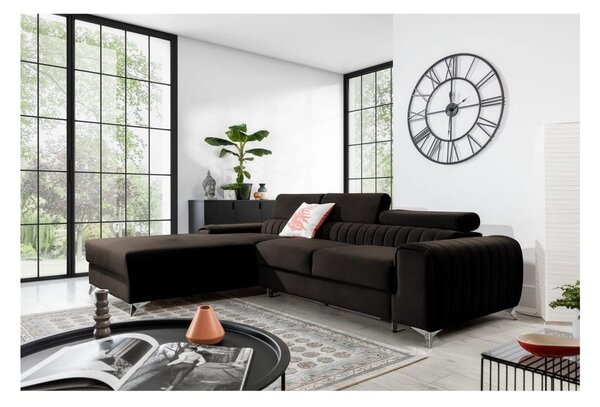 Divano angolare marrone scuro allungabile/con contenitore (con penisola a sinistra/con chaise lounge) e rivestimento in velluto Grayson – ELTAP