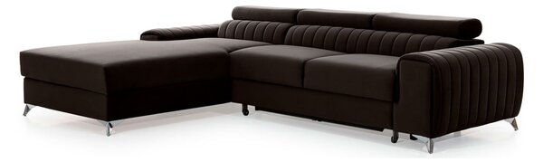 Divano angolare marrone scuro allungabile/con contenitore (con penisola a sinistra/con chaise lounge) e rivestimento in velluto Grayson – ELTAP