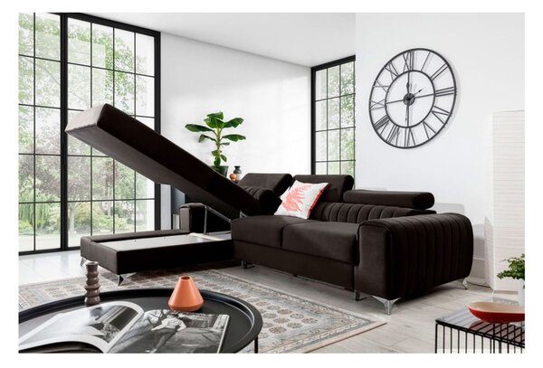 Divano angolare marrone scuro allungabile/con contenitore (con penisola a sinistra/con chaise lounge) e rivestimento in velluto Grayson – ELTAP