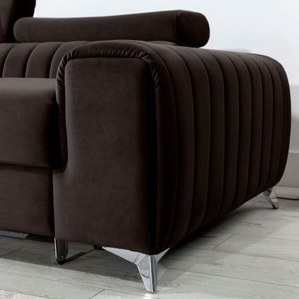 Divano angolare marrone scuro allungabile/con contenitore (con penisola a sinistra/con chaise lounge) e rivestimento in velluto Grayson – ELTAP