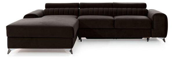 Divano angolare marrone scuro allungabile/con contenitore (con penisola a sinistra/con chaise lounge) e rivestimento in velluto Grayson – ELTAP