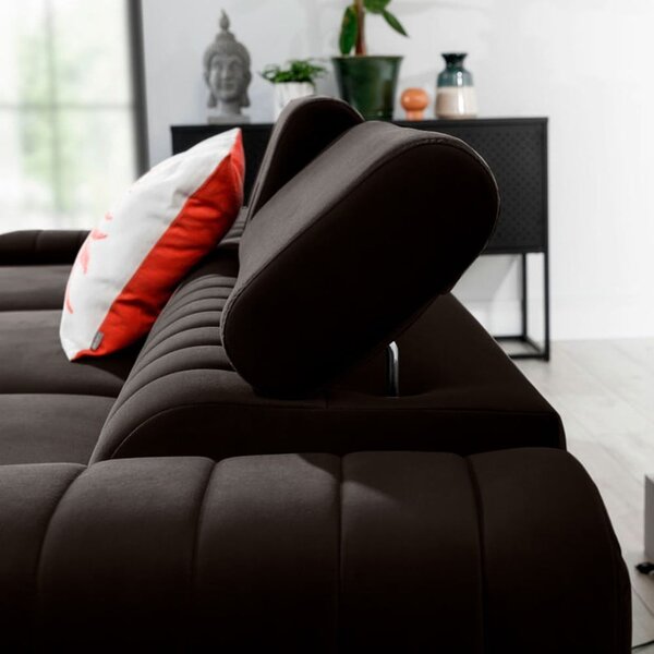 Divano angolare marrone scuro allungabile/con contenitore (con penisola a sinistra/con chaise lounge) e rivestimento in velluto Grayson – ELTAP