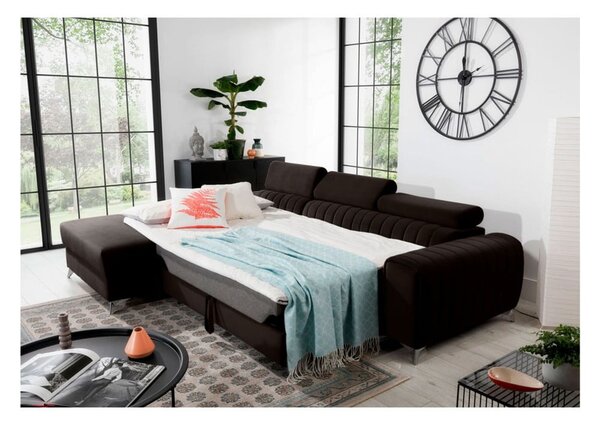 Divano angolare marrone scuro allungabile/con contenitore (con penisola a sinistra/con chaise lounge) e rivestimento in velluto Grayson – ELTAP