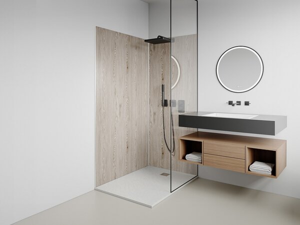 Pannello per parete da doccia effetto legno chiaro alluminio con profili L90xL120xH210cm - Lotto di 2 - ENEKO