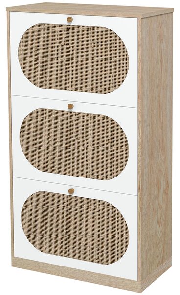 Scarpiera Stile Boho 3 Ante 18 Paia 60x24x115 cm in Ratta Truciolato e MDF Rovere e Bianco