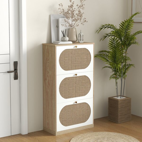 Scarpiera Stile Boho 3 Ante 18 Paia 60x24x115 cm in Ratta Truciolato e MDF Rovere e Bianco