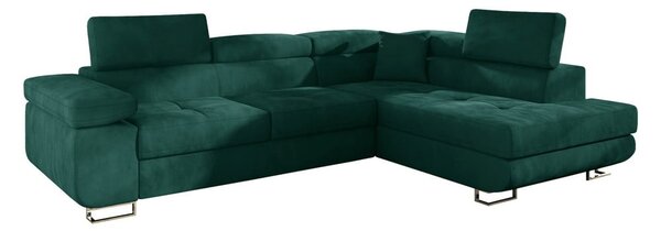 Divano angolare verde allungabile/con contenitore (con penisola a destra/a L) e rivestimento in velluto Anton – ELTAP