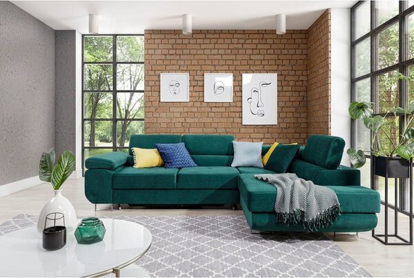 Divano angolare verde allungabile/con contenitore (con penisola a destra/a L) e rivestimento in velluto Anton – ELTAP