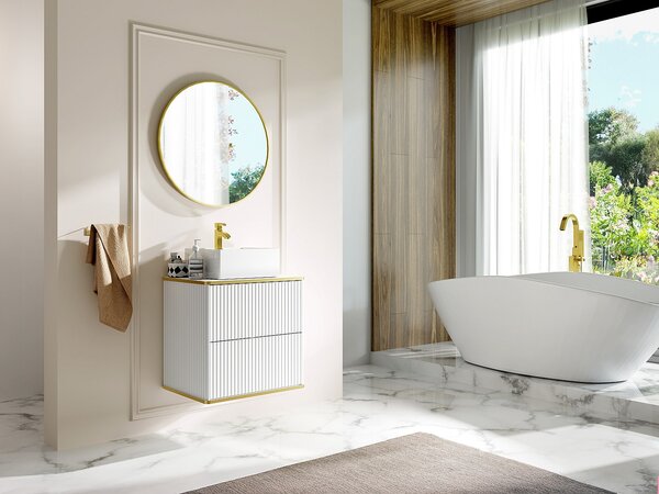 Mobile bagno sospeso con scanalature con bordo dorato e lavabo d'appoggio quadrato - Bianco - L60 cm - KELIZA