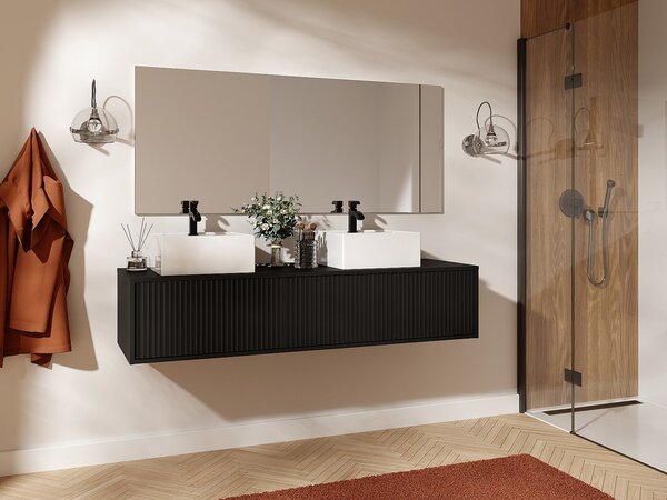 Mobile per bagno sospeso scanalato con doppio lavabo - Nero - 150 cm - ARNEGA