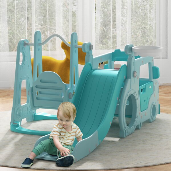 Scivolo per Bambini 201x151x87,5 cm con Altalena Macchina e Canestro Azzurro