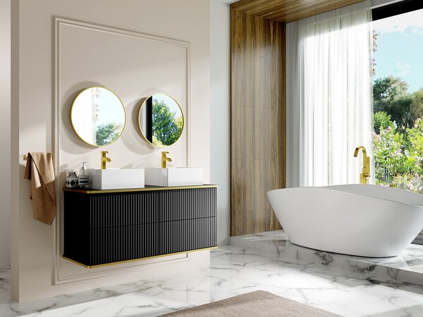 Mobile bagno sospeso scanalature profilo dorato doppio lavabo da appoggio quadrato 120 cm Nero - KELIZA