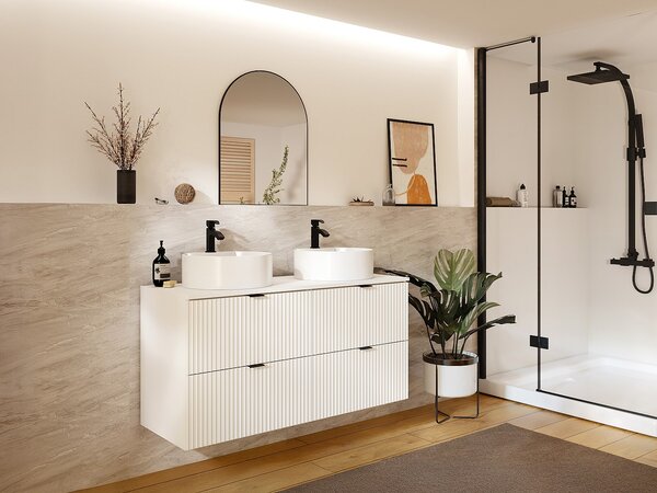 Mobile sotto lavabo sospeso con scanalature con piano - Bianco opaco - 120 cm - ZEVINI
