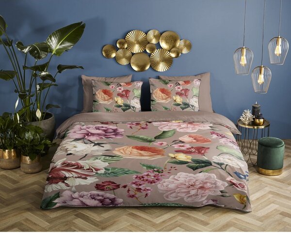 Set copripiumino e federa grigio/marrone in raso di cotone per letto matrimoniale ed esteso 240x220 cm Fiori – Descanso