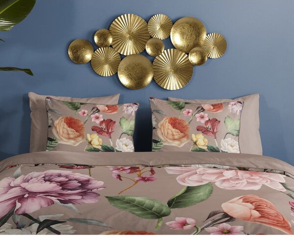 Set copripiumino e federa grigio/marrone in raso di cotone per letto matrimoniale ed esteso 240x220 cm Fiori – Descanso