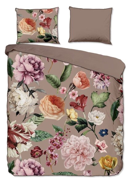 Set copripiumino e federa grigio/marrone in raso di cotone per letto matrimoniale ed esteso 240x220 cm Fiori – Descanso