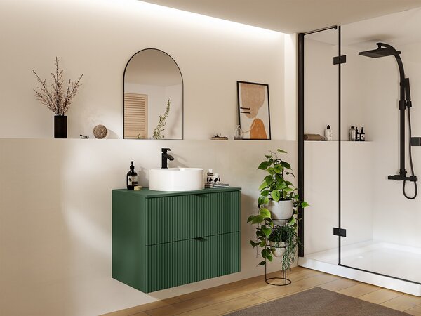 Mobile per bagno sospeso con scanalature con lavabo da appoggio rotondo - Verde opaco - 80 cm - ZEVINI
