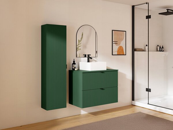 Mobile per bagno sospeso con scanalature con lavabo da appoggio quadrato e colonna - Verde opaco - 80 cm - ZEVINI