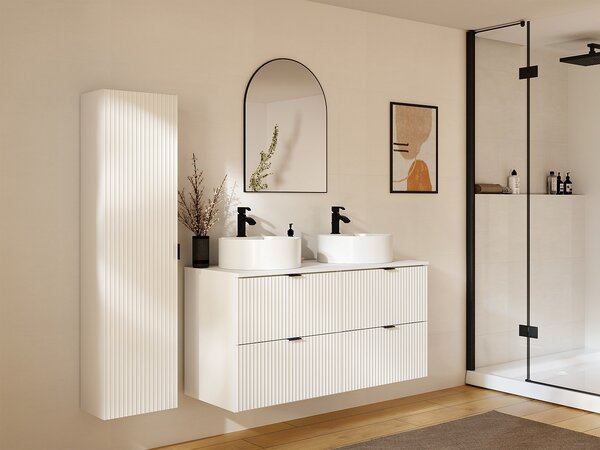 Mobile per bagno sospeso con scanalature con lavabo da appoggio rotondo e colonna - Bianco opaco - 120 cm - ZEVINI