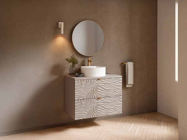 Mobile bagno sospeso testurizzato con lavabo da appoggio rotondo Beige 80 cm - RINAREL
