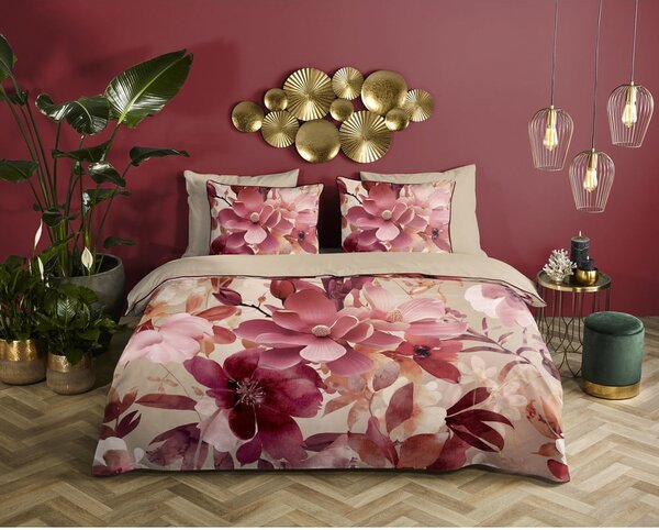 Set copripiumino e federa rosa/beige in raso di cotone per letto singolo ed esteso 140x220 cm Chaja – Descanso