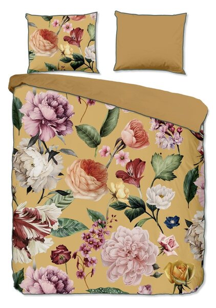 Set copripiumino e federa giallo ocra in raso di cotone per letto matrimoniale ed esteso 240x220 cm Fiori – Descanso