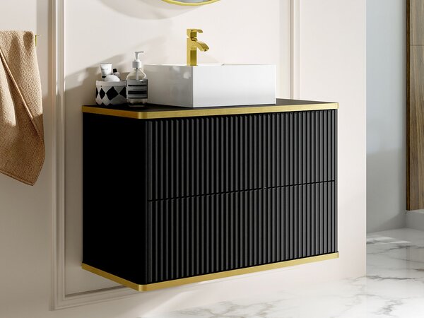 Mobile per bagno sospeso con scanalature con profilo Dorato e lavabo da appoggio Nero 80 cm - KELIZA