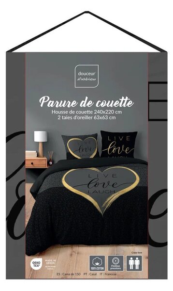 Set copripiumino e federa nero in cotone per letto matrimoniale/per letto esteso 3 pezzi 240x220 cm Crazy Love – douceur d'intérieur