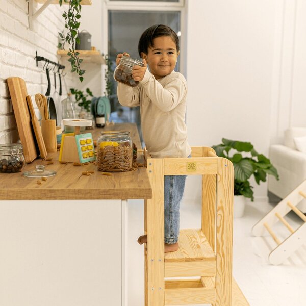 Torre di apprendimento di colore naturale in pino massiccio Montessori – Meowbaby