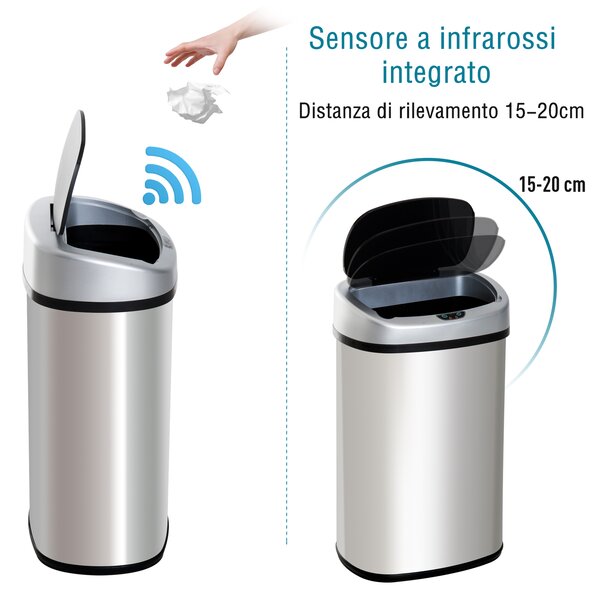 HomCom Cestino dei rifiuti rettangolare Pattumiera in acciaio inox con sensore 30L, automatica|Aosom