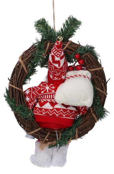Babbo natale in tessuto su ghirlanda rosso cm Ø35