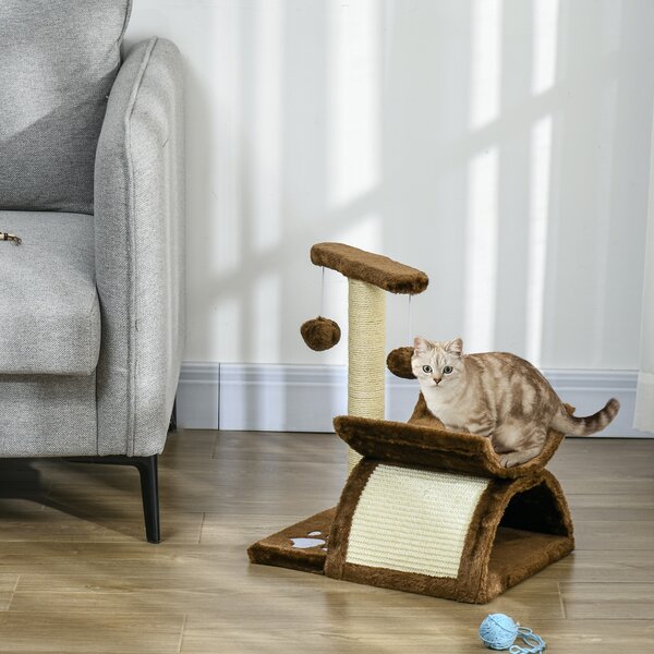 PawHut Tiragraffi per gatto con tunnel,colonna in sisal e palline gioco marrone 40x30x43cm |Aosom