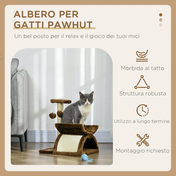 PawHut Tiragraffi per gatto con tunnel,colonna in sisal e palline gioco marrone 40x30x43cm |Aosom