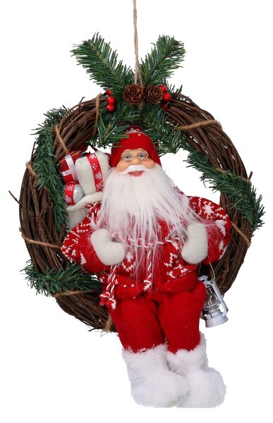 Babbo natale in tessuto su ghirlanda rosso cm Ø35