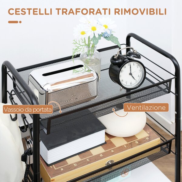 HOMCOM Carrello da Cucina in Acciaio con 3 Cesti Rimuovibili, 4 Ganci, 2 Maniglie, 4 Ruote, 41.5x26.5x63cm, Nero | Aosom