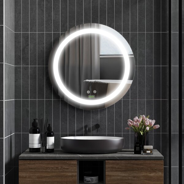 Kleankin Specchio Bagno Rotondo con Luce LED Regolabile e Funzione Anti Appannamento, Ø50cm