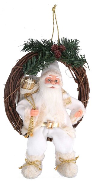 Babbo natale in tessuto su ghirlanda bianco e oro cm xh32/49