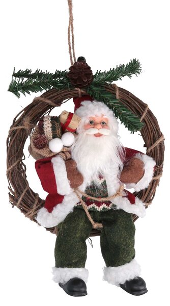 Babbo natale in tessuto su ghirlanda verde e rosso cm xh32/49