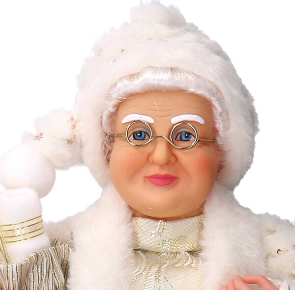 Babbo natale in tessuto oro e bianco signora con sacco regali cm xh45