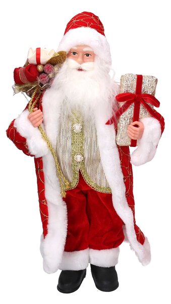 Babbo natale in tessuto rosso e oro con regali cm xh45