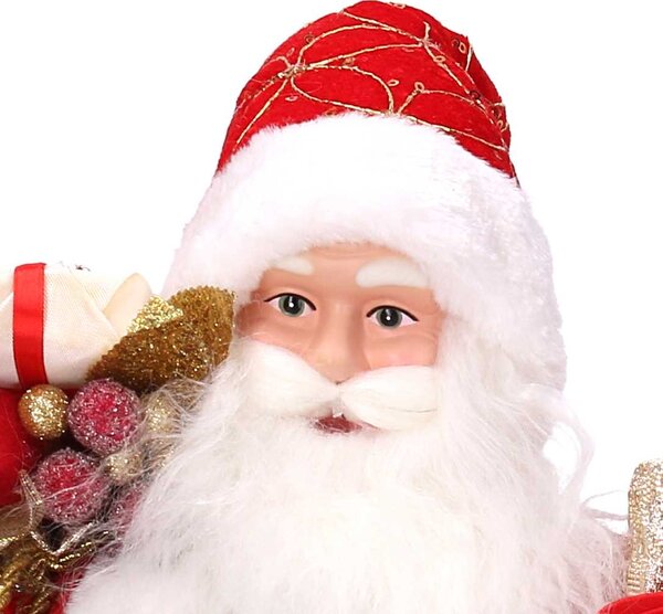Babbo natale in tessuto rosso e oro con regali cm xh45