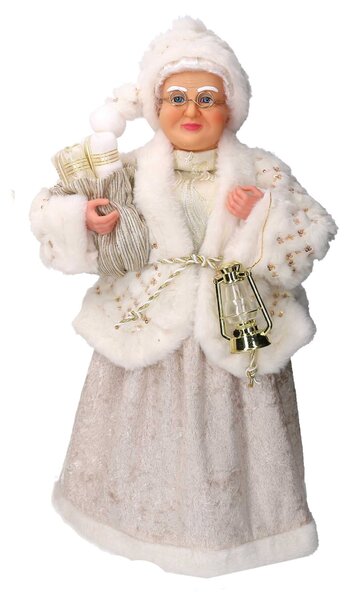 Babbo natale in tessuto oro e bianco signora con sacco regali cm xh45
