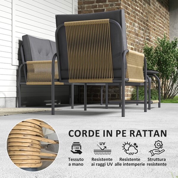 Outsunny Salotto da Giardino 4 Pezzi in Rattan con Divano, Chaise Longue, Poltrona e Tavolino con Cuscini, Grigio